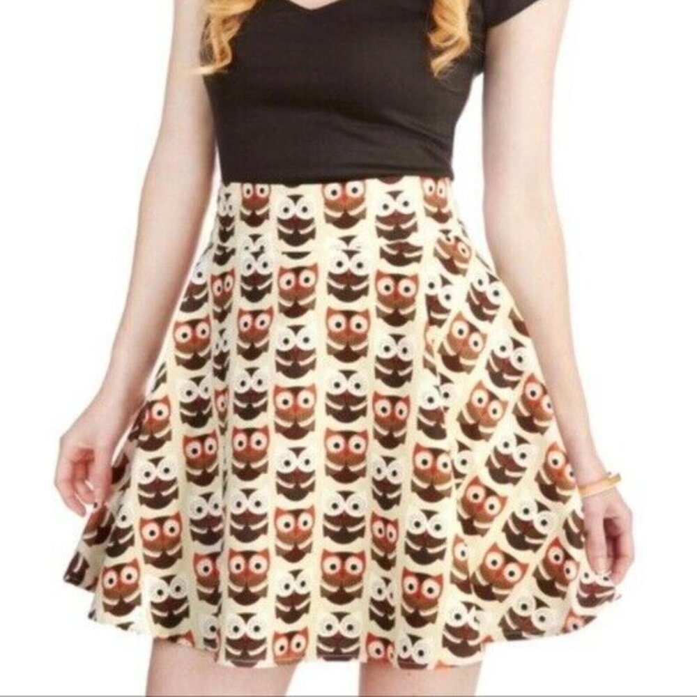 Retrolicious Owl Print Skater Full Circle Short Cotton Skirt Size Large
